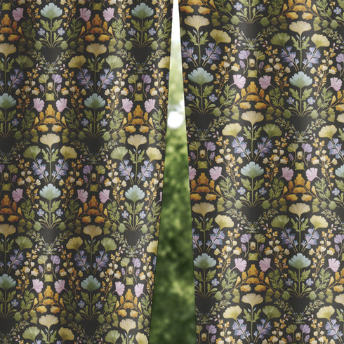 Luxury blackout curtain panel featuring a dark background with a symmetrical botanical pattern of embroidered-style wildflowers in muted pastel and golden tones. The curtain has a rich satiny texture and a 4-inch rod pocket top. Printed on one side, white backing.